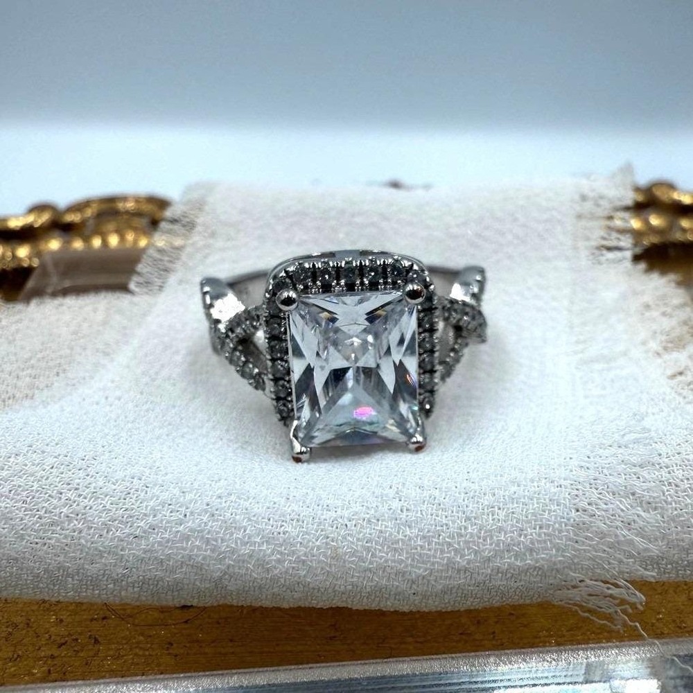 Emerald Cut Halo Infinity Band Ring Silver‎ Tone Size 6.5